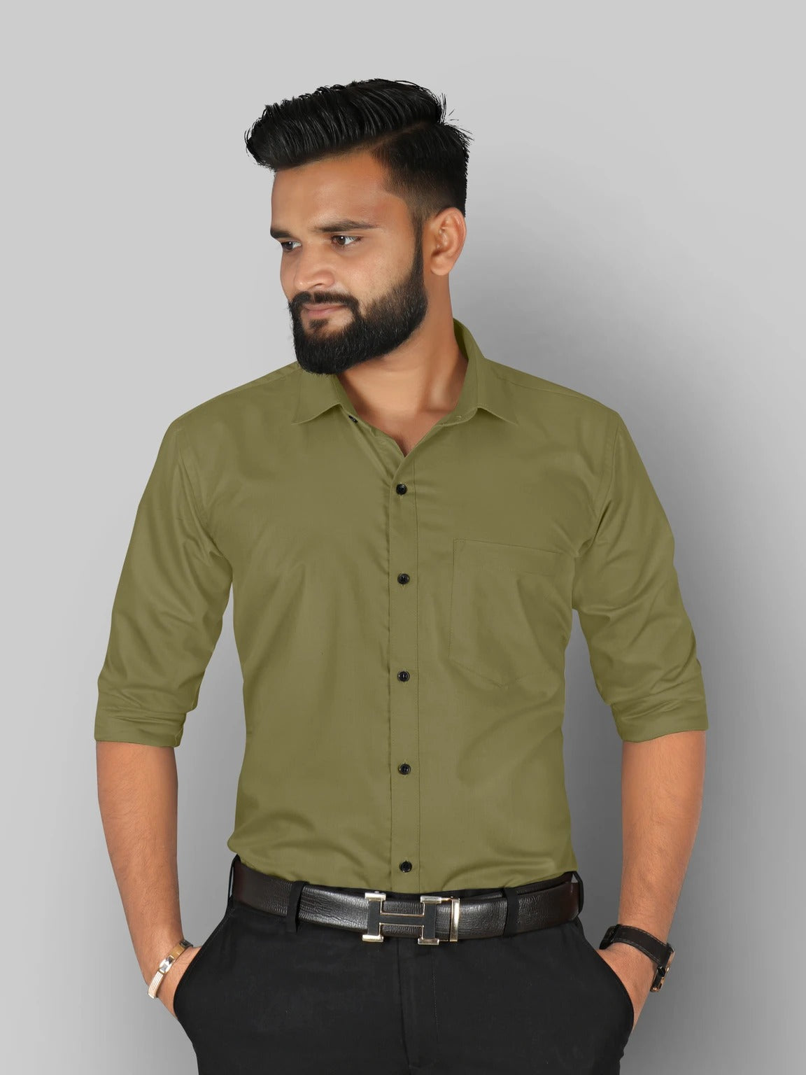 StyleMODO Men Regular Fit Solid Formal Shirt (OLIVE GREEN)