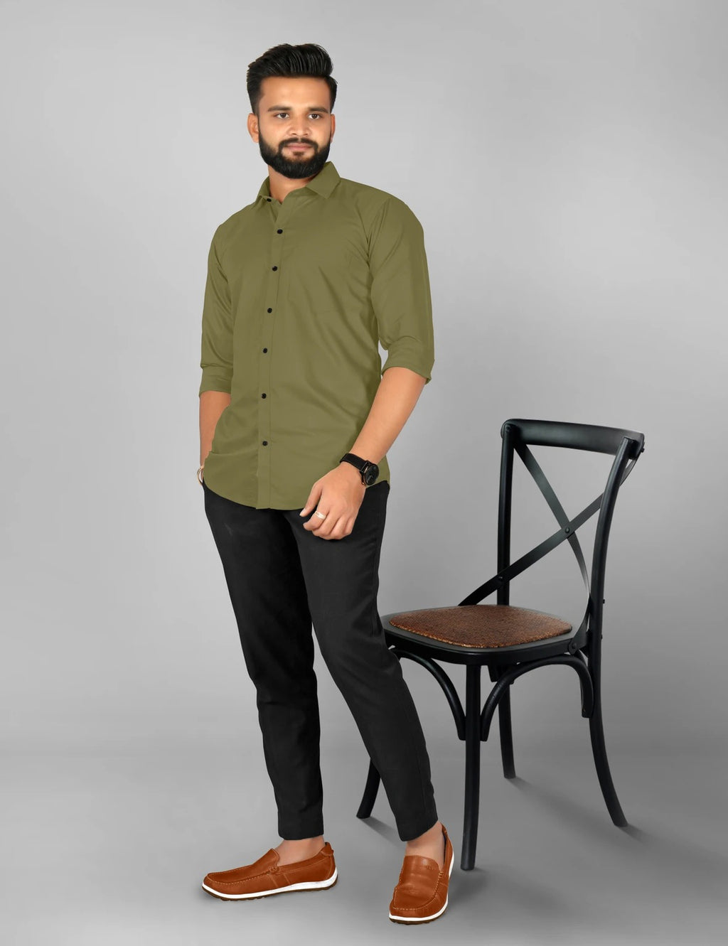 StyleMODO Men Regular Fit Solid Formal Shirt (OLIVE GREEN)